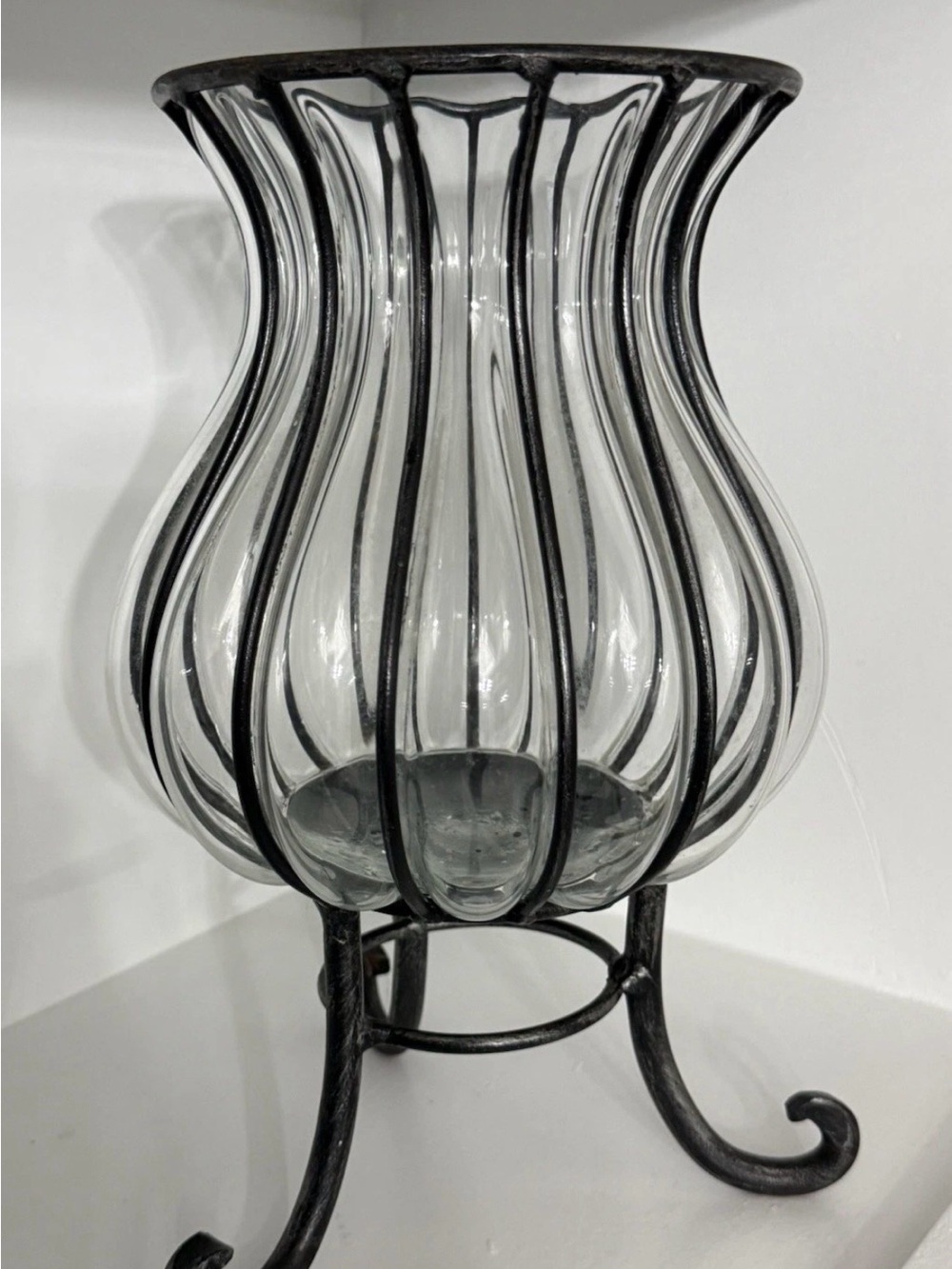 Antique Wrought Iron Imprisoned (Caged) Glass Vase/Hurricane Vase 9.0”x5.5”
